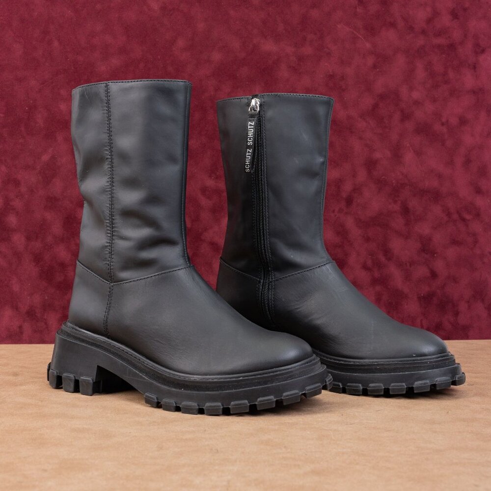 Schutz Women Juany Platform Festival Zip Lug Black Leather Boots size 8.5
